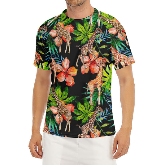 Black Tropical Giraffe Pattern Print Men's Short Sleeve Rash Guard