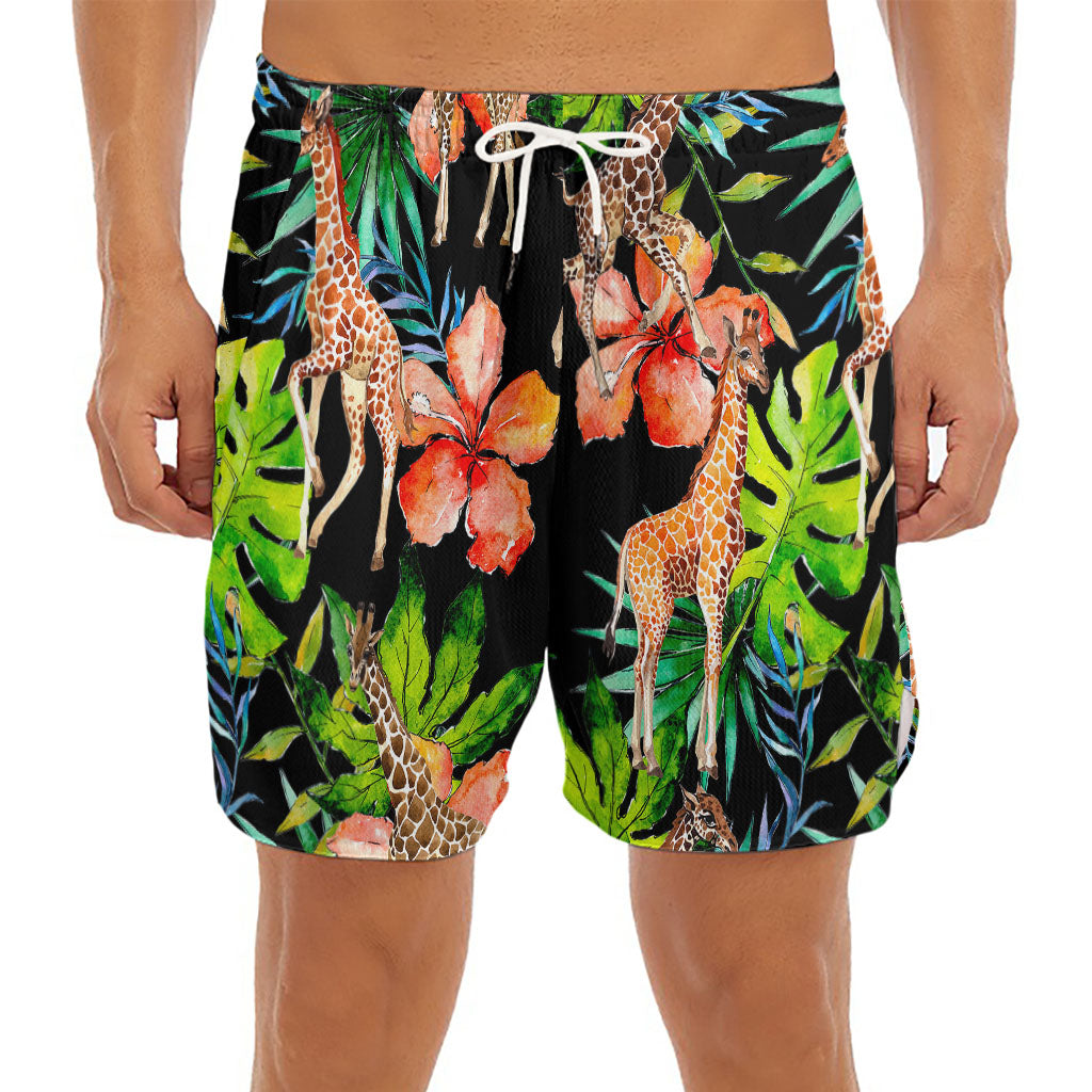 Black Tropical Giraffe Pattern Print Men's Split Running Shorts