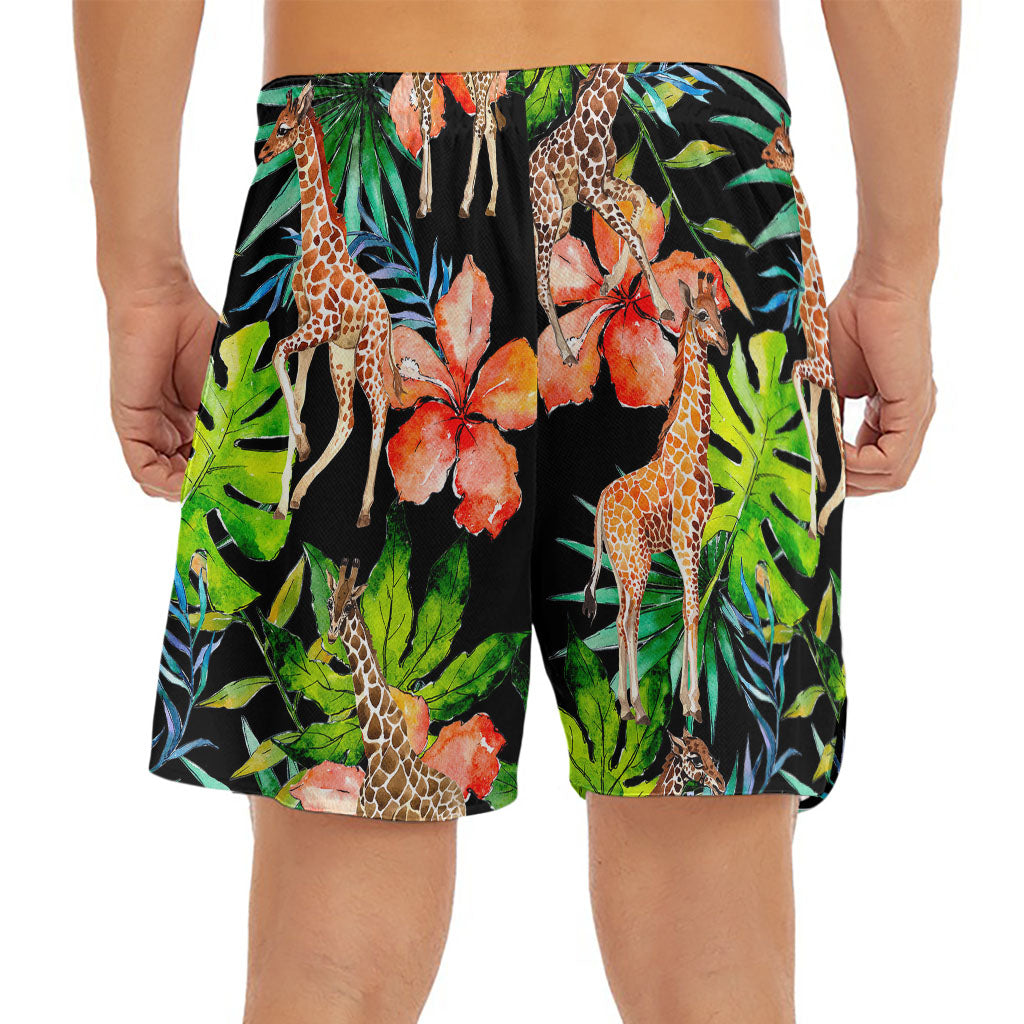 Black Tropical Giraffe Pattern Print Men's Split Running Shorts