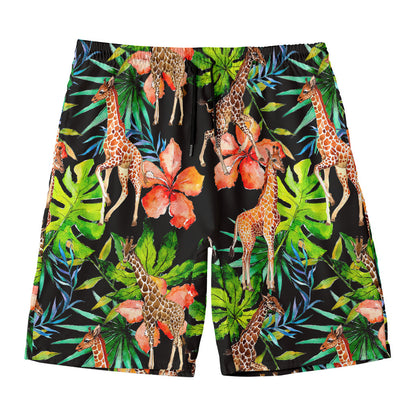 Black Tropical Giraffe Pattern Print Men's Swim Trunks