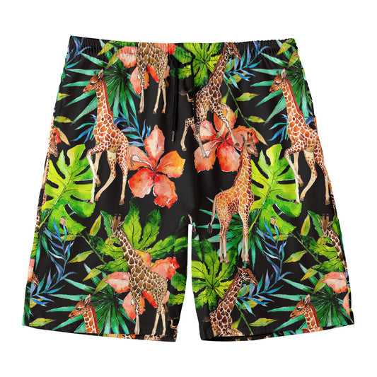 Black Tropical Giraffe Pattern Print Men's Swim Trunks