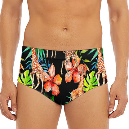Black Tropical Giraffe Pattern Print Men's Triangle Swim Briefs
