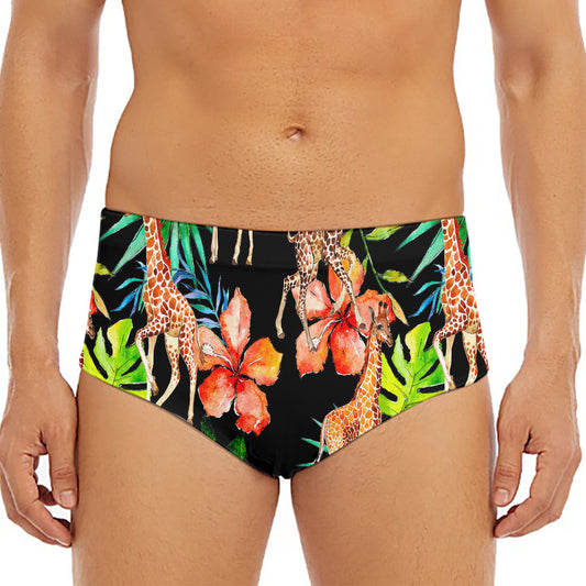 Black Tropical Giraffe Pattern Print Men's Triangle Swim Briefs