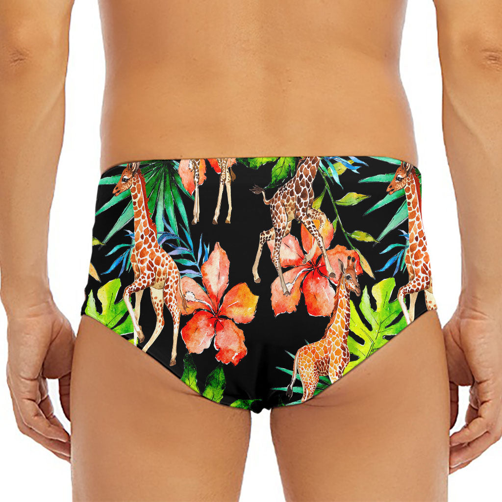 Black Tropical Giraffe Pattern Print Men's Triangle Swim Briefs