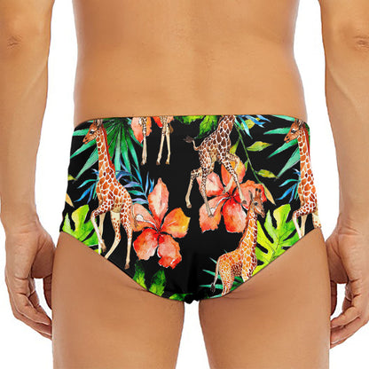 Black Tropical Giraffe Pattern Print Men's Triangle Swim Briefs