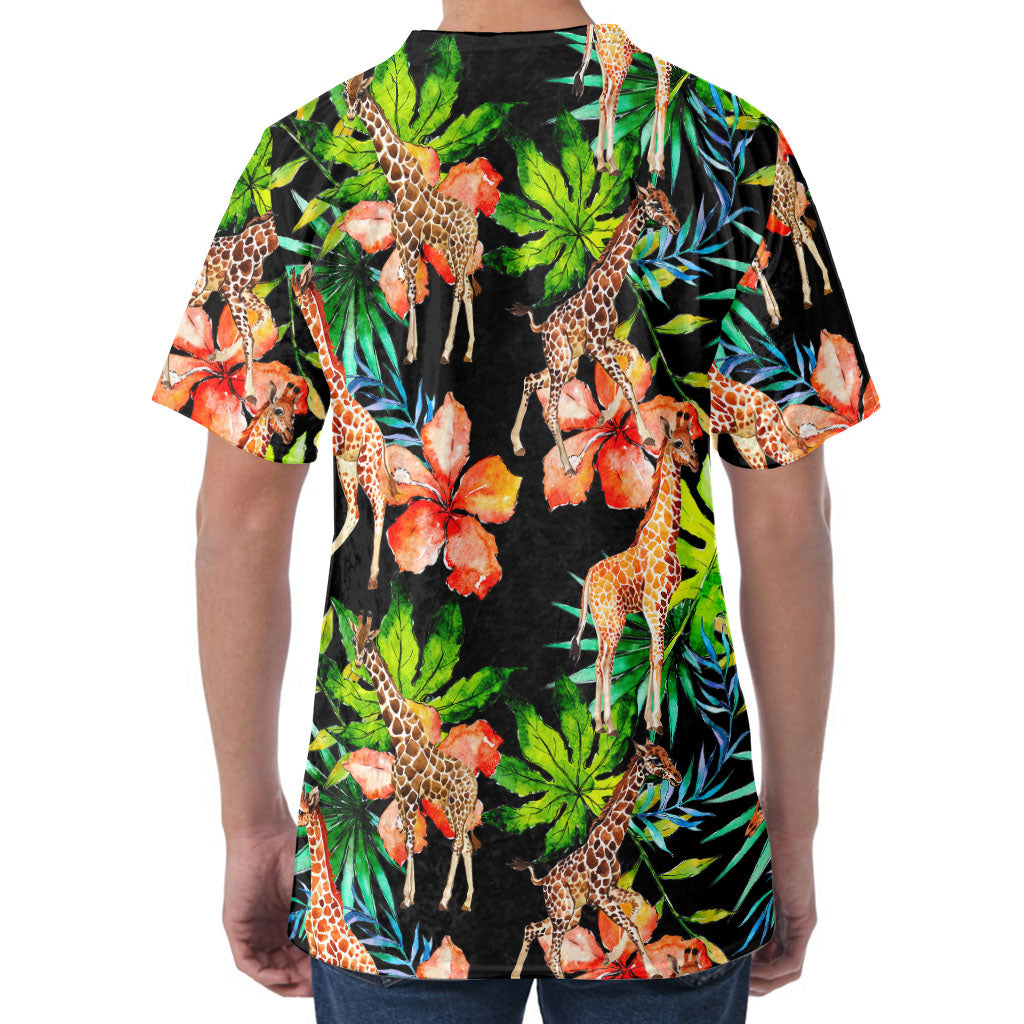 Black Tropical Giraffe Pattern Print Men's Velvet T-Shirt