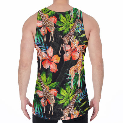 Black Tropical Giraffe Pattern Print Men's Velvet Tank Top