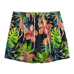 Black Tropical Giraffe Pattern Print Mesh Shorts
