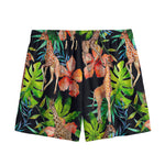 Black Tropical Giraffe Pattern Print Mesh Shorts