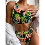 Black Tropical Giraffe Pattern Print One Shoulder Bikini Top