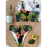 Black Tropical Giraffe Pattern Print One Shoulder Bikini Top