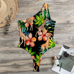 Black Tropical Giraffe Pattern Print One Shoulder Bodysuit