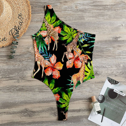 Black Tropical Giraffe Pattern Print One Shoulder Bodysuit