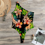 Black Tropical Giraffe Pattern Print One Shoulder Bodysuit