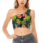 Black Tropical Giraffe Pattern Print One Shoulder Crop Top