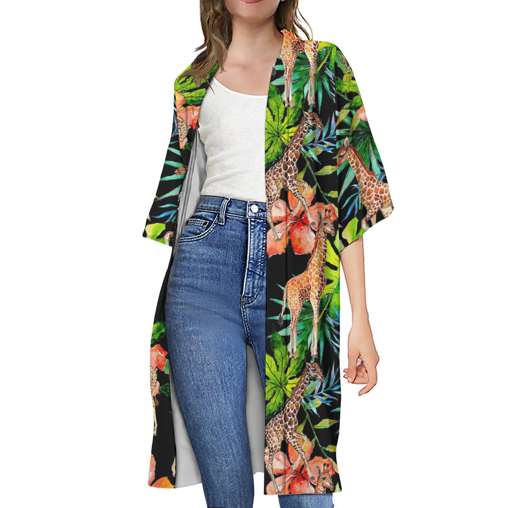 Black Tropical Giraffe Pattern Print Open Front Beach Cover Up