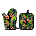 Black Tropical Giraffe Pattern Print Oven Mitt And Pot Holder Set