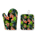 Black Tropical Giraffe Pattern Print Oven Mitt And Pot Holder Set