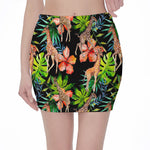 Black Tropical Giraffe Pattern Print Pencil Mini Skirt