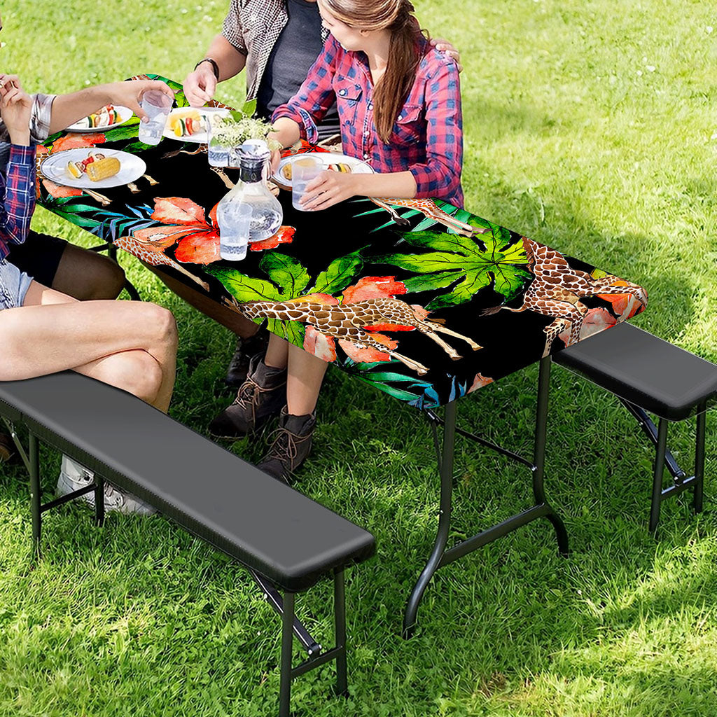 Black Tropical Giraffe Pattern Print Picnic Table Cover