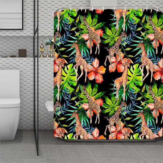 Black Tropical Giraffe Pattern Print Polyester Shower Curtain