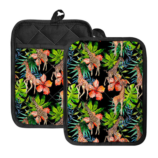 Black Tropical Giraffe Pattern Print Pot Holders With Pocket