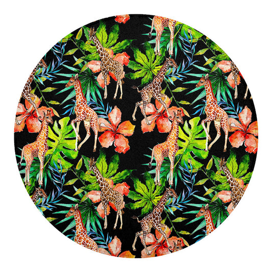 Black Tropical Giraffe Pattern Print Round Blanket