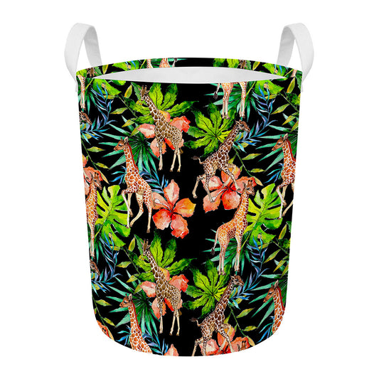 Black Tropical Giraffe Pattern Print Round Laundry Basket