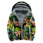 Black Tropical Giraffe Pattern Print Sherpa Lined Zip Up Hoodie