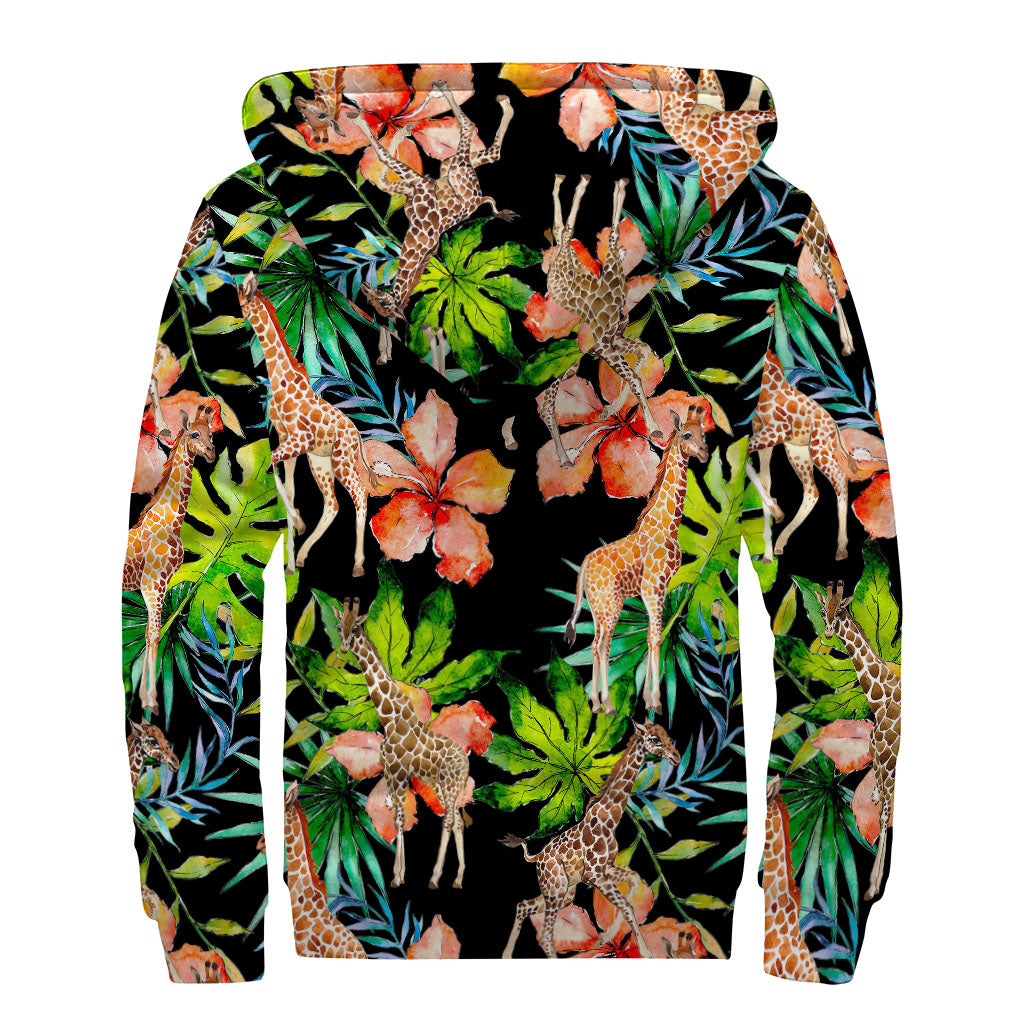 Black Tropical Giraffe Pattern Print Sherpa Lined Zip Up Hoodie