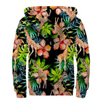 Black Tropical Giraffe Pattern Print Sherpa Lined Zip Up Hoodie