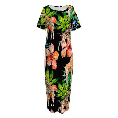 Black Tropical Giraffe Pattern Print Short Sleeve Long Nightdress