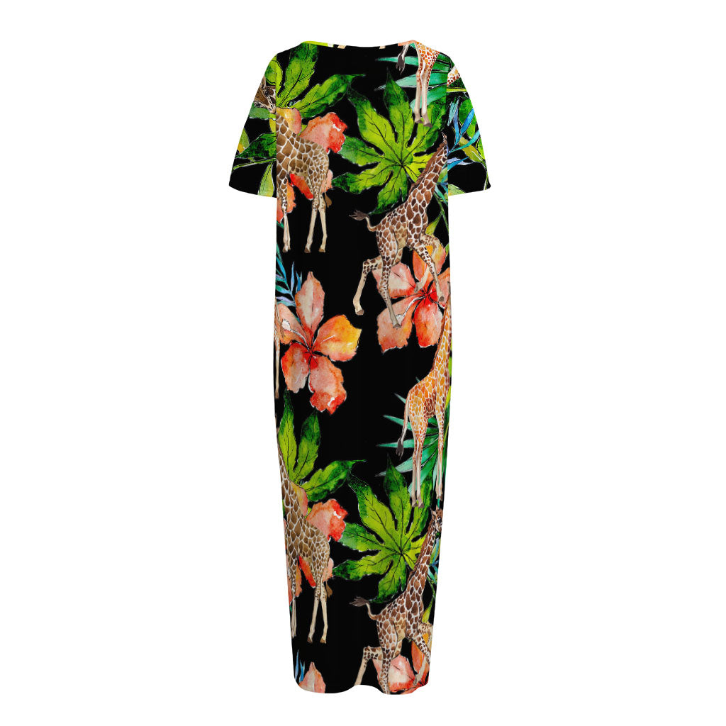 Black Tropical Giraffe Pattern Print Short Sleeve Long Nightdress