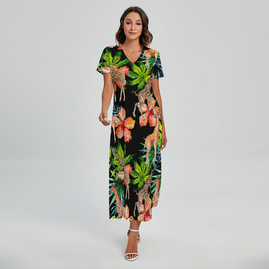 Black Tropical Giraffe Pattern Print Short Sleeve Maxi Dress