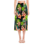 Black Tropical Giraffe Pattern Print Side Slit Midi Skirt