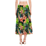 Black Tropical Giraffe Pattern Print Side Slit Midi Skirt
