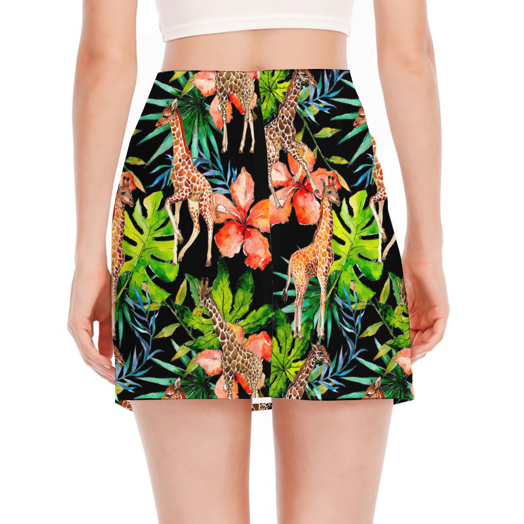 Black Tropical Giraffe Pattern Print Side Slit Mini Skirt