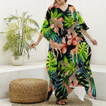 Black Tropical Giraffe Pattern Print Silk V-Neck Kaftan Dress