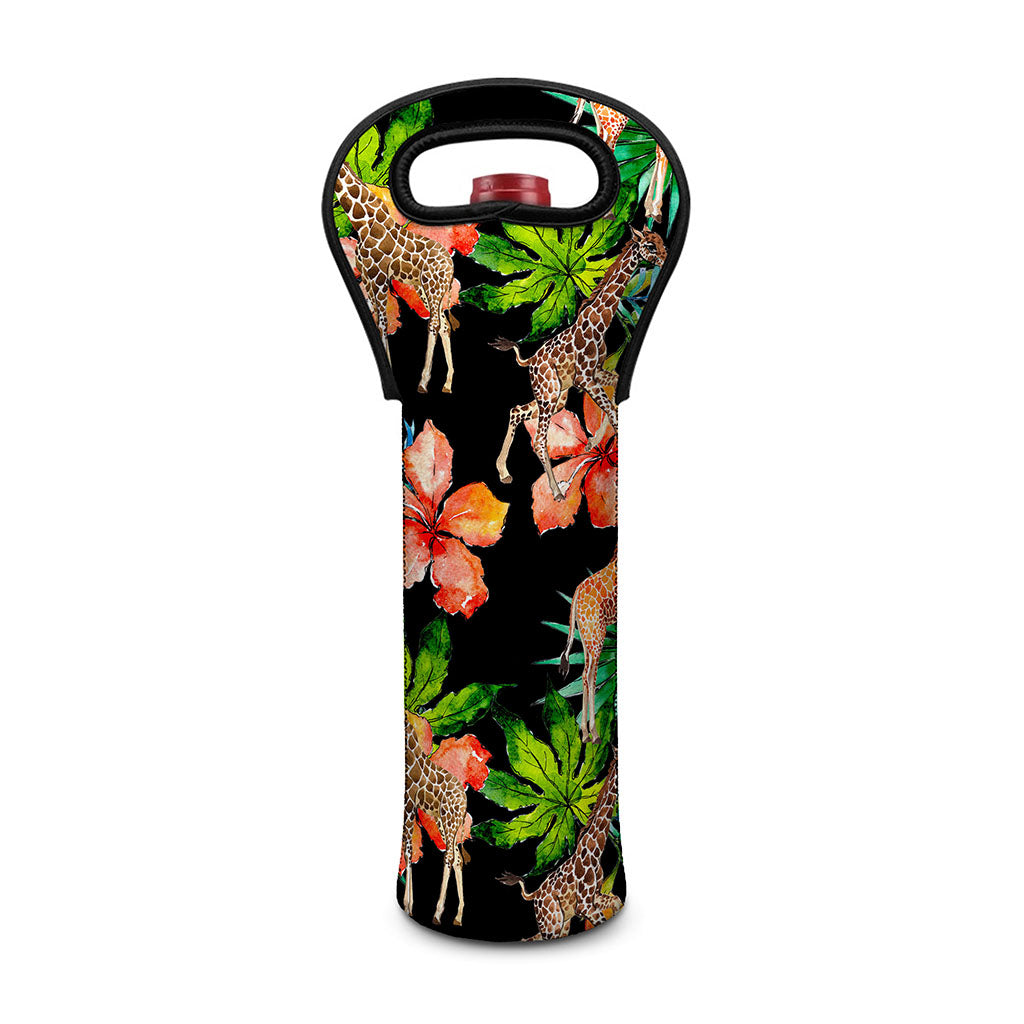 Black Tropical Giraffe Pattern Print Single Neoprene Wine Tote