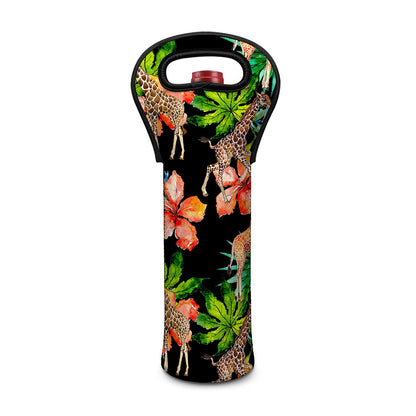 Black Tropical Giraffe Pattern Print Single Neoprene Wine Tote