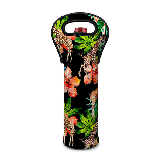 Black Tropical Giraffe Pattern Print Single Neoprene Wine Tote