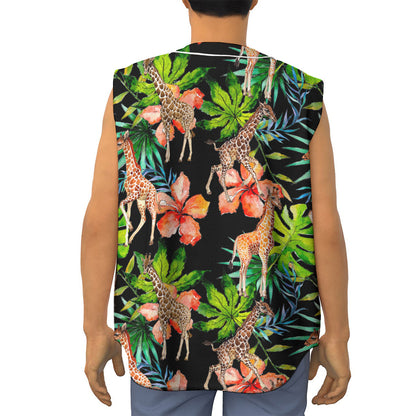 Black Tropical Giraffe Pattern Print Sleeveless Baseball Jersey