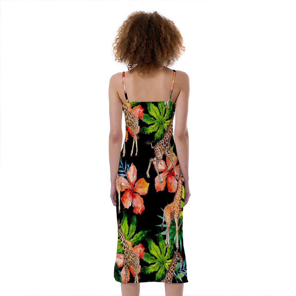 Black Tropical Giraffe Pattern Print Slim Fit Midi Cami Dress
