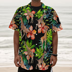 Black Tropical Giraffe Pattern Print Textured Short Sleeve Shirt