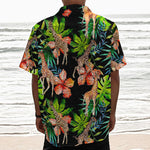 Black Tropical Giraffe Pattern Print Textured Short Sleeve Shirt