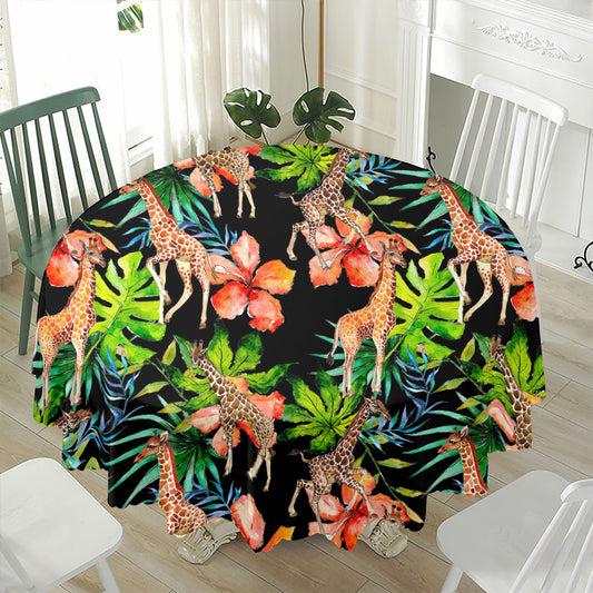 Black Tropical Giraffe Pattern Print Waterproof Round Tablecloth