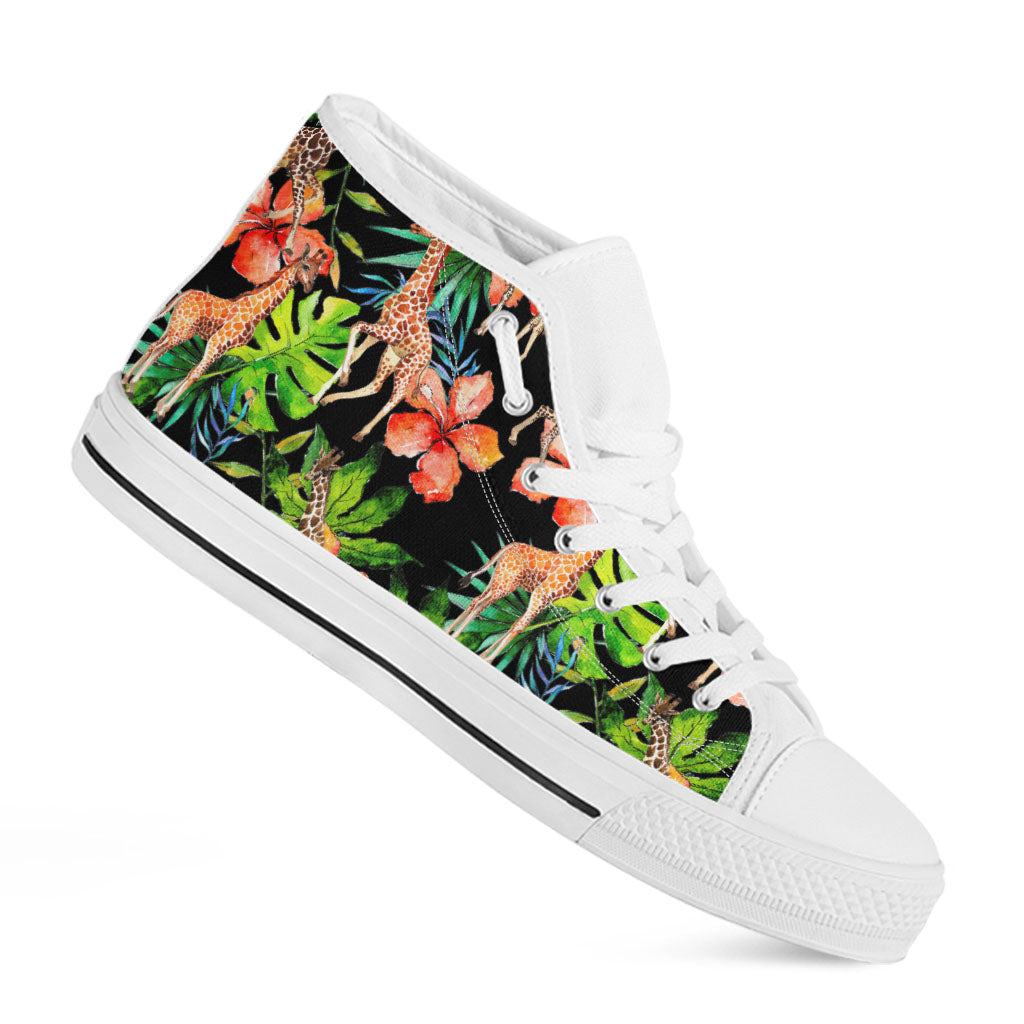 Black Tropical Giraffe Pattern Print White High Top Sneakers