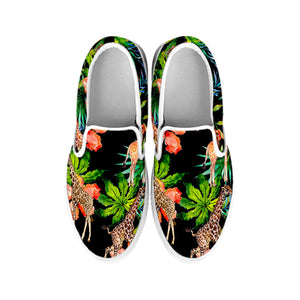 Black Tropical Giraffe Pattern Print White Slip On Sneakers