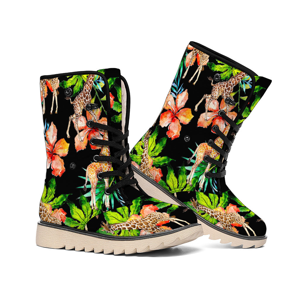 Black Tropical Giraffe Pattern Print Winter Boots