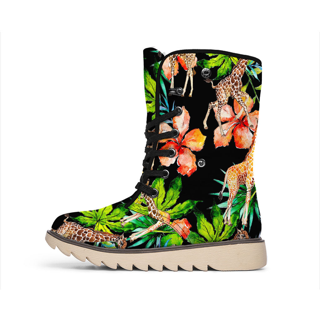 Black Tropical Giraffe Pattern Print Winter Boots